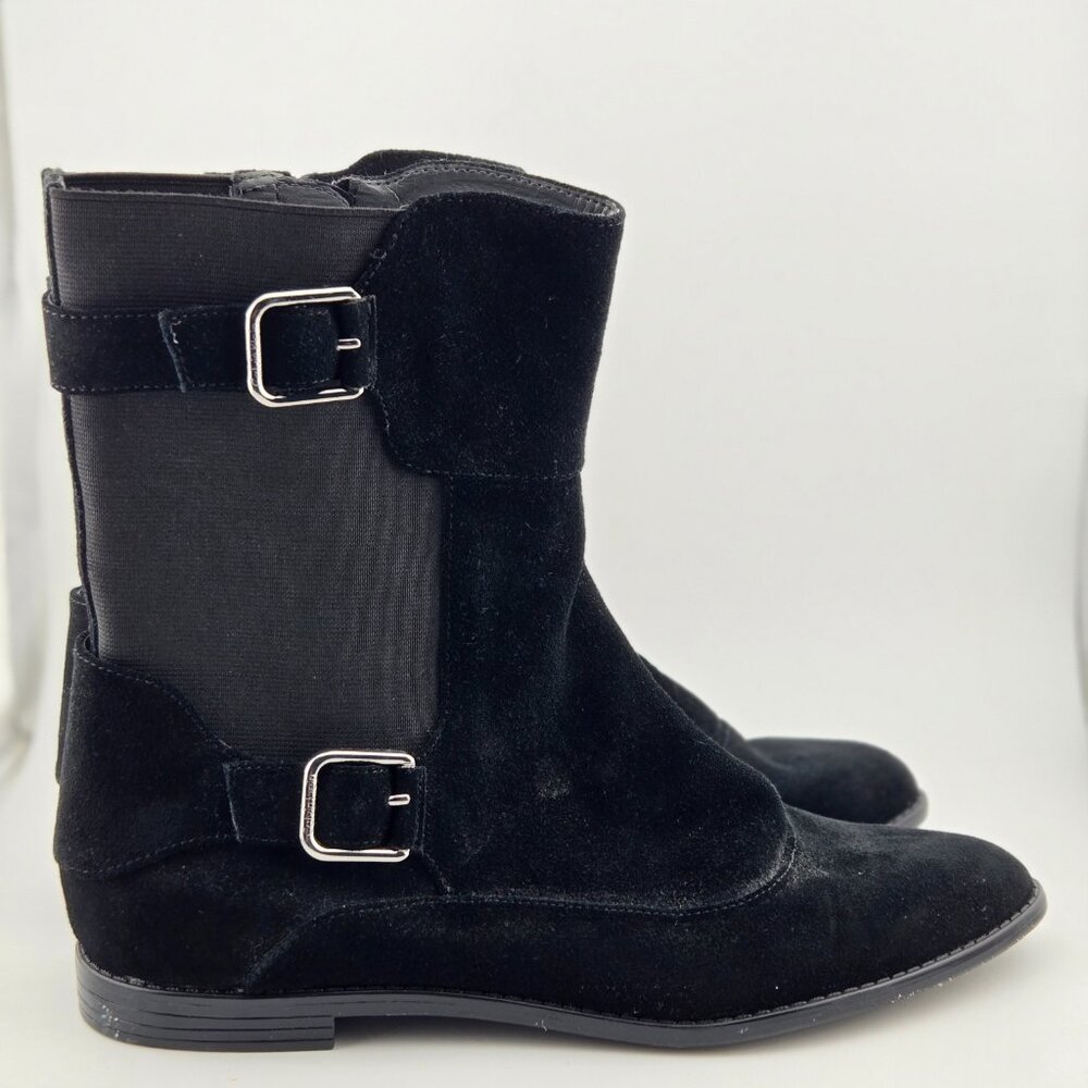 Calvin Klein Black Suede Flat Boots | Sz 7M | Tatiana Side Zip Buckle